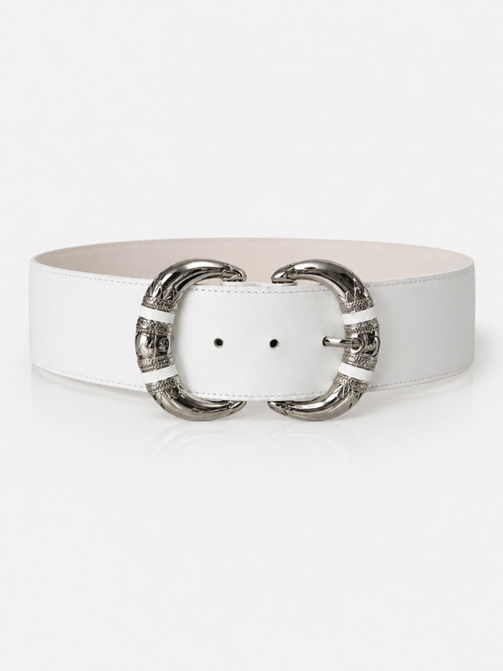 Vintage White Leather Belt with Statement Silver Buckle – Size M